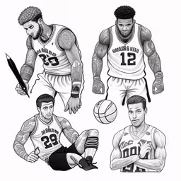 three men, one sitting in the ground, the other standing,three basketball players in uniform with different poses,a drawing of a basketball player with different poses,a series of images depicting the same men in basketball uniforms,four different pictures of basketball players in black and white