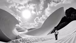a person stands under a cloudy sky in front of some large sculptures