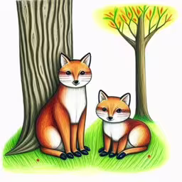 a drawing of two foxes sitting in front of a tree