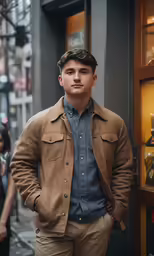 a man is standing on the street wearing a tan jacket