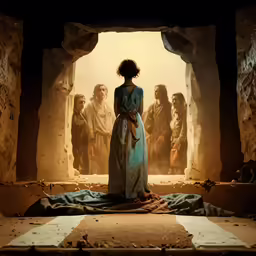 the woman in blue dress is facing people in dark stone tunnel