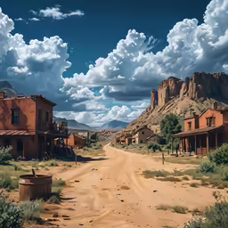 a dirt road in front of two small buildings in the desert