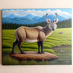a large painting of a deer in a field,a painting on the wall of a deer and a mountain scene,a painting depicting a stag that is standing on a stump,a painting on the wall of a deer with large horns,a painting of a deer with a large antelope