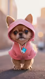 a dog wearing a pink hoodie and looking off to the side