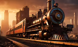 a train traveling through a foggy city in front of tall buildings,the train has several cars in it and its lights on
