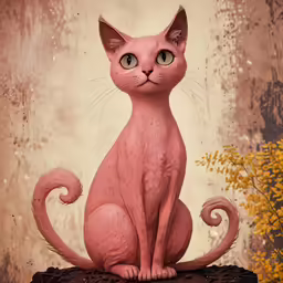 a pink cat sitting on top of a black rock