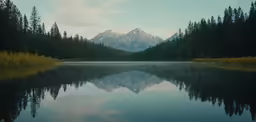 a calm lake with mountains reflected in it