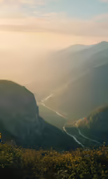 a view of a rocky river valley with trees, grass and mountains in the distance