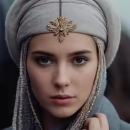 a woman in a turban stares directly into the camera
