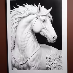 a picture of a white horse standing in front of a dark background
