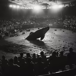 a black and white photograph of a animal in a circus ring