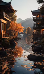water in a river surrounded by buildings with a small tree
