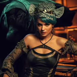 the beautiful woman in a green costume is posing for a photo