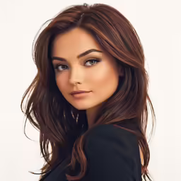 an asian model with long, curled hair and smoky blue eyes