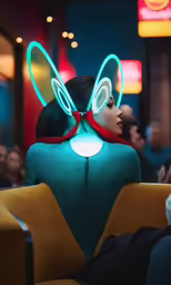 a woman sitting in an odd costume with bright lights