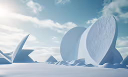 the sun shines on several snow sculptures on a sunny day