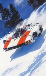 a snow racer car driving down the slope in deep snow