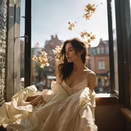 a woman in a long gown is sitting on a window sill