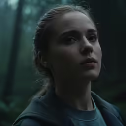 the last girl is in the forest, looking into the distance