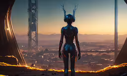a woman in futuristic suit walking toward an arch,a person standing near an arch with a futuristic suit on