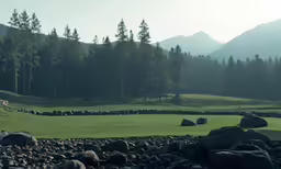 a golf course that is next to mountains