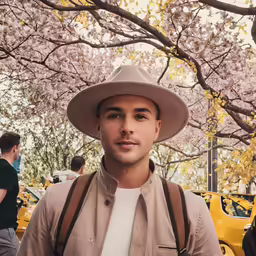 a man wearing a hat stands under cherry blossoms