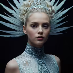 a young woman with a large white feather crown
