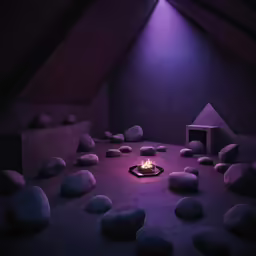 a purple room has rocks and a fire
