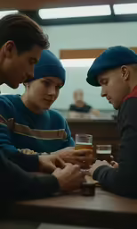 two guys wearing beanies play with their cell phones