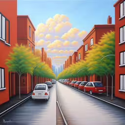 a painting of an empty street in the city