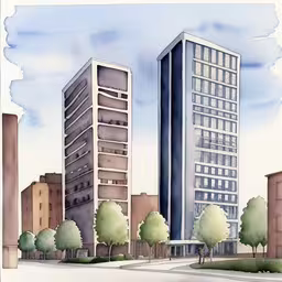 a drawing of a three story skyscraper with trees in front,this is a drawing of a blue and white skyscraper,two tall buildings stand next to each other,the building has a lot of windows near trees,a drawing of the building of several stories
