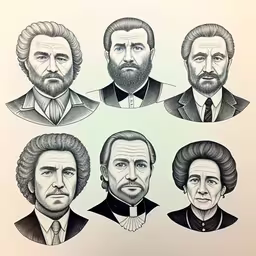 some very pretty men with beards and beard growth,an ink portrait of four men with beards,a group of four different people with a beard,six portraits of three men with beards,a group of men