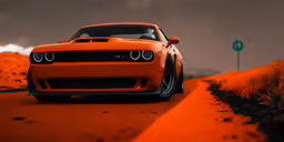 orange colored sports car parked in the desert