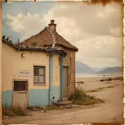 a house sitting on the beach by a cloudy sky,an old shack with thatched roof on the beach