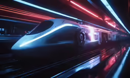 the modern train is passing by the lights