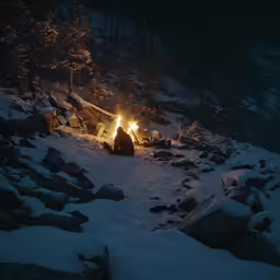 the man is camping in the snowy area next to the road
