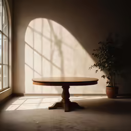 a big round table that is in front of some window