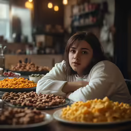 a woman looking at her food on the table