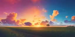 a field with trees, clouds, and stars at night