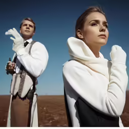 there is a man and woman in the desert looking into the distance