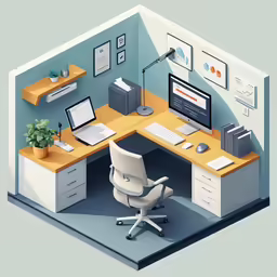 a computer desk with a monitor, keyboard and phone