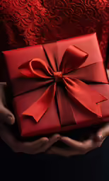 the hands of two people holding a red gift