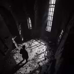 a man stands in an abandoned room surrounded by bullet holes