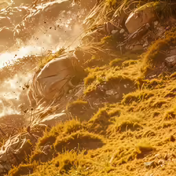 the sun shines on a hillside with rocks and grass