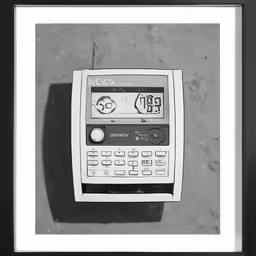 an old cell phone is taped to the wall