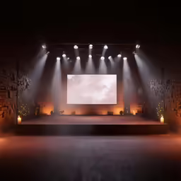 a large stage with three spotlights and lights on it