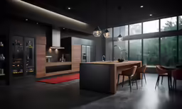 an ultra modern kitchen with black walls and flooring