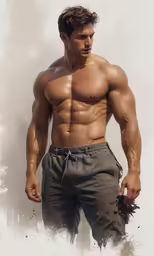 a shirtless man posing for a photograph in front of a white background