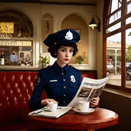 a woman sitting in front of a window reading a paper,a woman dressed in an officer