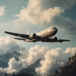 the plane is flying overhead over the mountains
